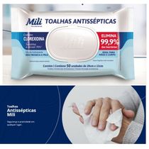 Lenço Umedecido ou Toalhas Antissépticas Mili  12 pacotes c/ 50 (total: 600 toalhas)