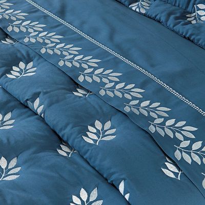 Kit Cobre Leito Colcha Garland Queen 100% Algodão 400 Fios Acetinado Bordado 5 Peças - Azul Marinho