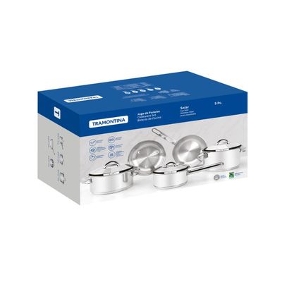 Jogo de Panelas Tramontina Solar em Aço Inox com Fundo Triplo e Tampas de Inox 5 Peças