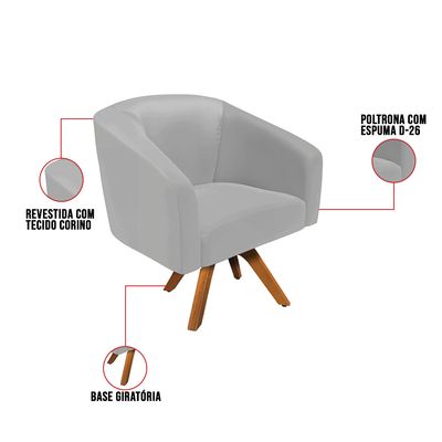 Poltrona Sala Decorativa Kit 2 Stella Base de Madeira Giratória MM30 Sintético Cinza D03 - D'Rossi