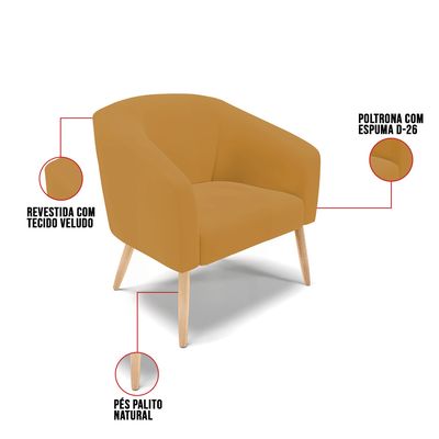 Poltrona Sala Decorativa Kit 2 Stella Pé Palito Natural Veludo Mostarda D03 - D'Rossi