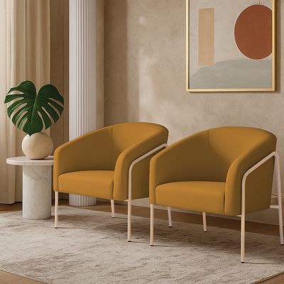 Poltrona Sala Decorativa Kit 2 Stella Base Alta Tubo Champanhe Veludo Mostarda D03 - D'Rossi