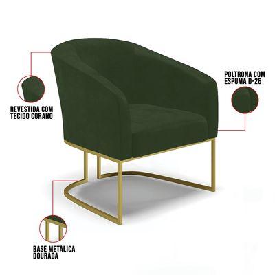 Poltrona Sala Decorativa Kit 2 Stella Base Industrial Dourada Sintético PU Verde D03 - D'Rossi