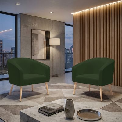 Poltrona Sala Decorativa Kit 2 Stella Pé Palito Natural Sintético PU Verde D03 - D'Rossi