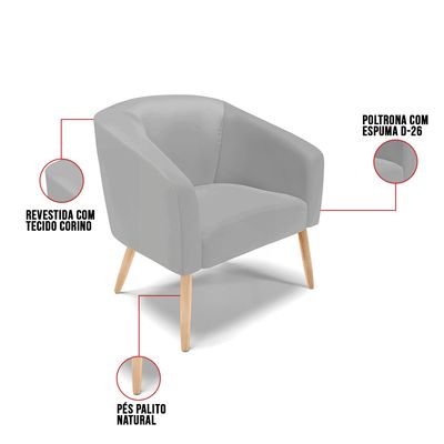 Poltrona Sala Decorativa Kit 2 Stella Pé Palito Natural Sintético Cinza D03 - D'Rossi
