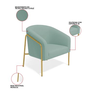 Poltrona Sala Decorativa Kit 2 Stella Base Alta Tubo Dourado Veludo Cotelê Menta D03 - D'Rossi