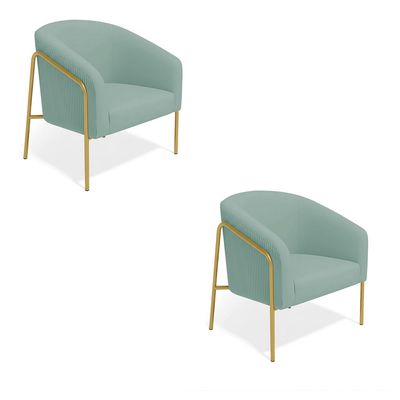 Poltrona Sala Decorativa Kit 2 Stella Base Alta Tubo Dourado Veludo Cotelê Menta D03 - D'Rossi