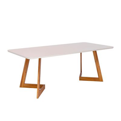 Conjunto de Mesa Retangular com Tampo de Vidro Off White Caju e 8 Cadeiras Juparanã Linho Bege e Cinamomo