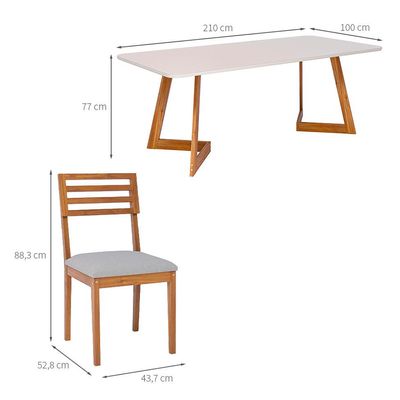Conjunto de Mesa Retangular com Tampo de Vidro Off White Caju e 8 Cadeiras Juparanã Linho Bege e Cinamomo