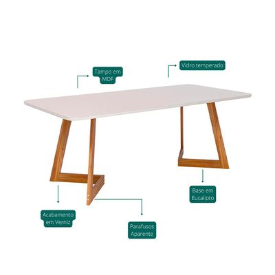Conjunto de Mesa Retangular com Tampo de Vidro Off White Caju e 8 Cadeiras Juparanã Linho Bege e Cinamomo