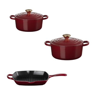 KIT LE CREUSET 2 PANELAS REDONDAS 20 E 24CM GRELHA QUADRADA 26CM EM FERRO ESMALTADO VERMELHO RHONE