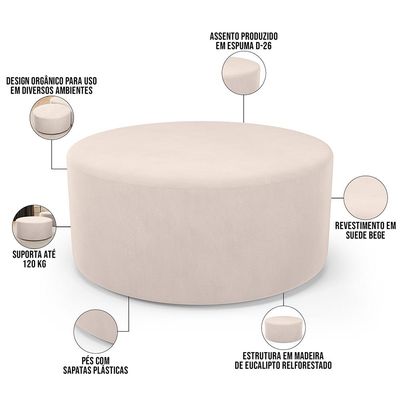 Puff Redondo Orgânico para Living 90cm Lola W01 Suede Bege - Lyam Decor