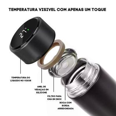 Garrafa Térmica Inteligente 500ml com LED e Sensor de Temperatura – Mantém Bebidas Quentes e Frias | Cor:Preto