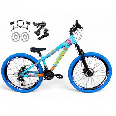 Bicicleta Aro 26 Vikingx Tuff Câmbios Shimano Freio Hidráulico 21v Freeride Aro Vmaxx Flame Azul-Laranja X25