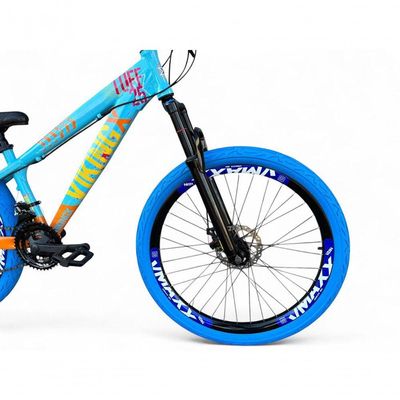 Bicicleta Aro 26 Vikingx Tuff Câmbios Shimano Freio Hidráulico 21v Freeride Aro Vmaxx Flame Azul-Laranja X25