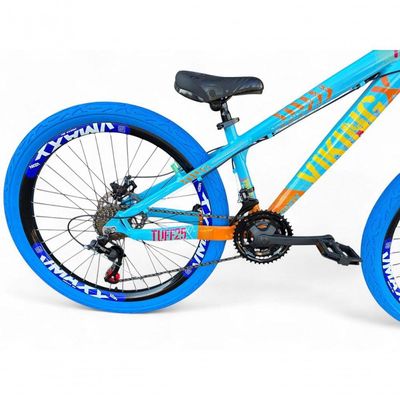 Bicicleta Aro 26 Vikingx Tuff Câmbios Shimano Freio Hidráulico 21v Freeride Aro Vmaxx Flame Azul-Laranja X25