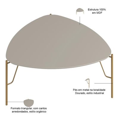Mesa de Centro Para Sala de Estar Alta Pés Industrial Dourado Alef I03 Grigio - Lyam Decor