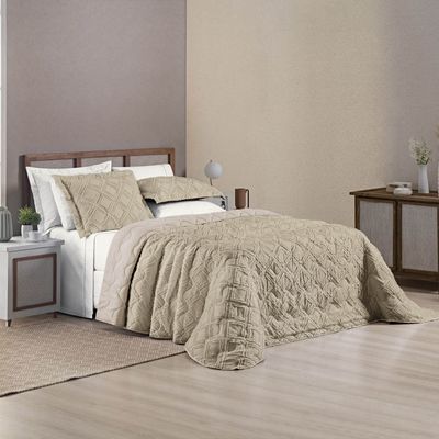 Kit Cobre Leito Colcha Katarine King 03 Peças Dupla Face MicroPercal 300 Fios Detalhado - Cáqui