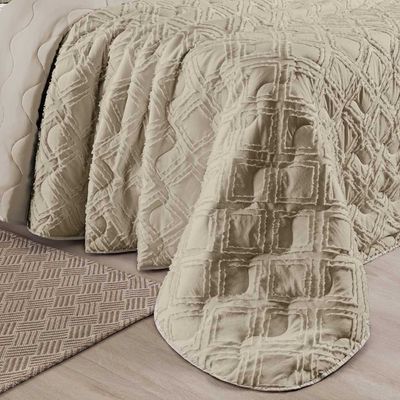 Kit Cobre Leito Colcha Katarine King 03 Peças Dupla Face MicroPercal 300 Fios Detalhado - Cáqui