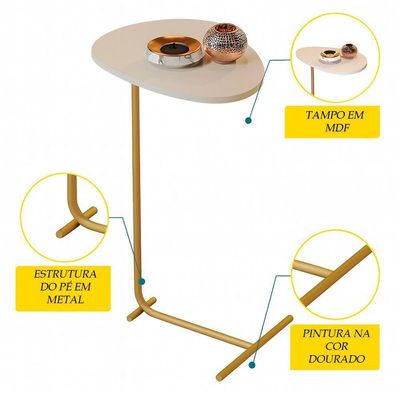 Mesa De Apoio Sofa Organic Off White Pe Dourado - Moveis Jb