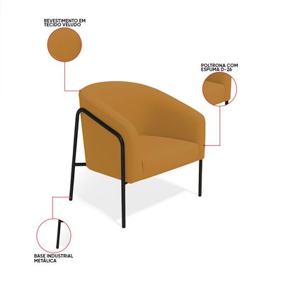 Poltrona Sala Decorativa Kit 2 Stella Base Alta Tubo Preto Veludo Mostarda D03 - D'Rossi