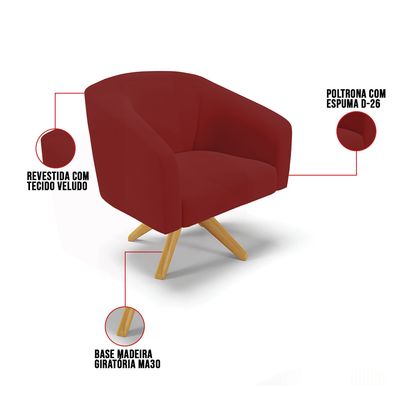 Poltrona Sala Decorativa Kit 2 Stella Base de Madeira Giratória MA30 Veludo Marsala D03 - D'Rossi
