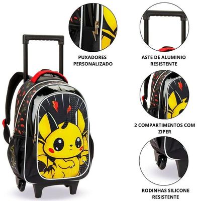 Kit Mochila Rodinhas Lancheira Infantil Pikachu Pokémon Escolar Estojo Denlex