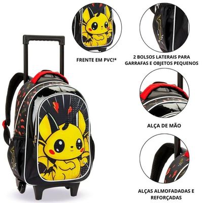 Kit Mochila Rodinhas Lancheira Infantil Pikachu Pokémon Escolar Estojo Denlex