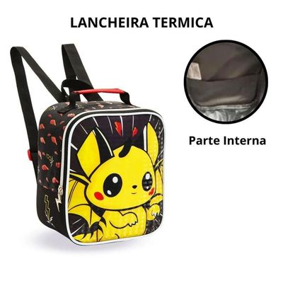 Kit Mochila Rodinhas Lancheira Infantil Pikachu Pokémon Escolar Estojo Denlex