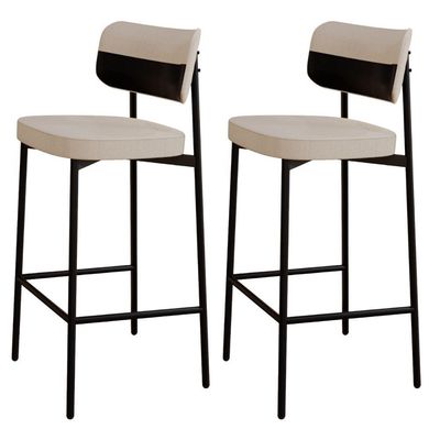 Kit 02 Banquetas Alta Bar Cozinha Sala De Jantar Aço Preto Kaira C01 Linho Areia Courino Preto - Lyam Decor