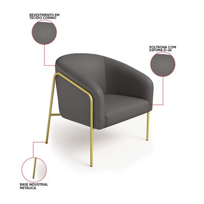 Poltrona Sala Decorativa Kit 2 Stella Base Alta Tubo Dourado Sintético Grafite D03 - D'Rossi