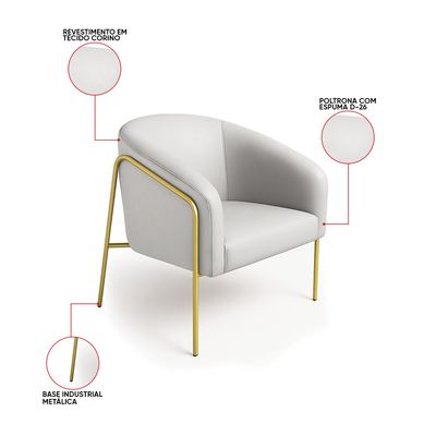 Poltrona Sala Decorativa Kit 2 Stella Base Alta Tubo Dourado Sintético Cinza D03 - D'Rossi
