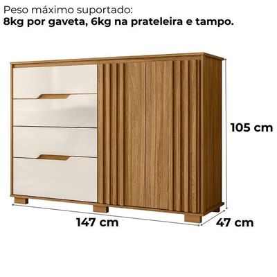 Comoda Texas 4 Gavetas 2 Portas 147 Cm Freijo Off White Moval