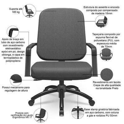 Cadeira De Escritório Giratória Com Braço Preta Magno P03 Crepe Preto - Lyam Decor