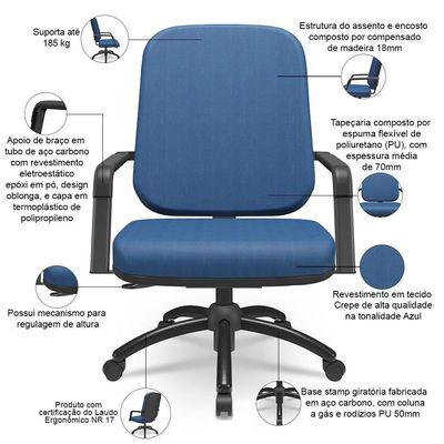 Cadeira De Escritório Giratória Com Braço Preta Magno P03 Crepe Azul - Lyam Decor