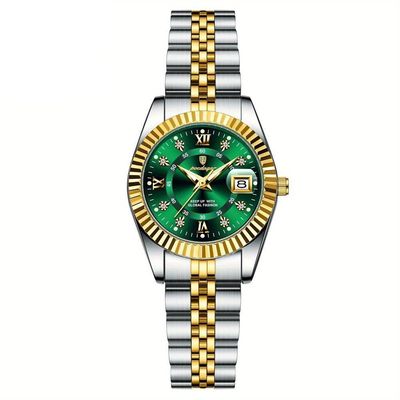 Relógio Feminino Elegante Com Strass Em Aço Inoxidável De Quartzo Casual Verde Dourado