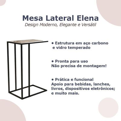 Mesa De Apoio Industrial Elena Industrial Preto Com Tampo De Vidro
