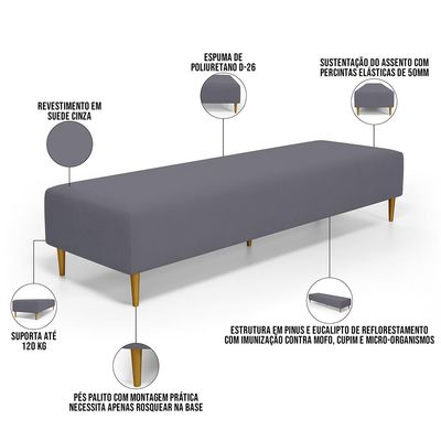 Puff Decorativo Sala de Estar Bali W01 Pés Palito 190x60cm Suede Cinza - Lyam Decor