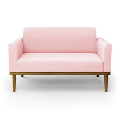 Poltrona Namoradeira Decorativa Isabella Pés Fixo em Madeira Castanho Suede Rosa Bebê G19 - Gran Belo