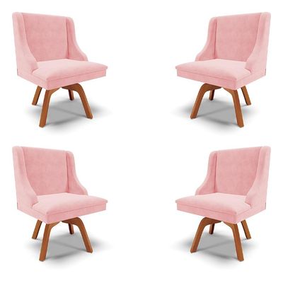 Kit 4 Cadeiras Decorativas Sala de Jantar Base Giratória de Madeira Firenze Suede Rosa Bebê/Natural G19 - Gran Belo