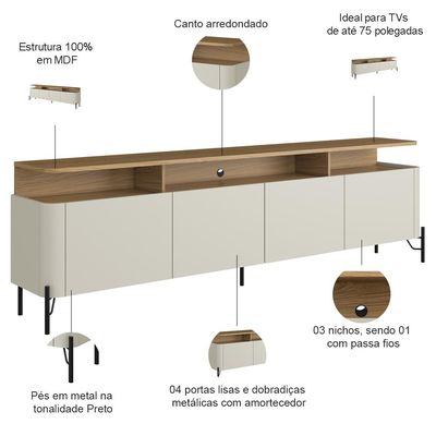 Rack Para Sala de Estar TV 75 Pol 4 Portas 180cm Pés Preto Clio I03 Louro Luna - Lyam
