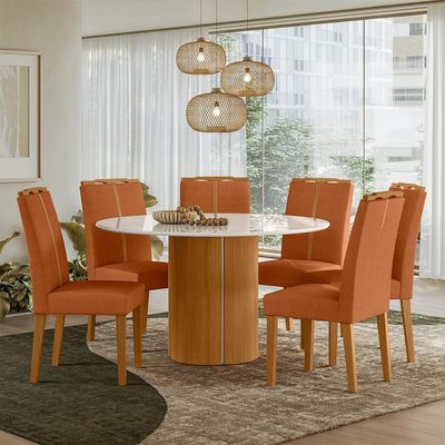 Mesa de Jantar Redonda com Tampo de Vidro Serena Off White e Ypê 135 cm