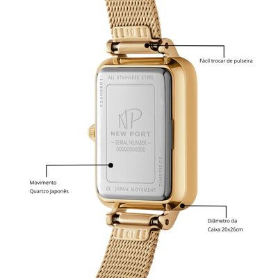 Relógio Feminino Dourado Quadrado Casual Elegante New Port