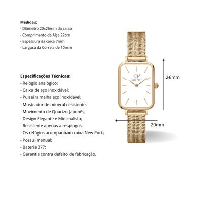 Relógio Feminino Dourado Quadrado Casual Elegante New Port