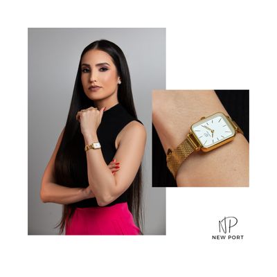 Relógio Feminino Dourado Quadrado Casual Elegante New Port