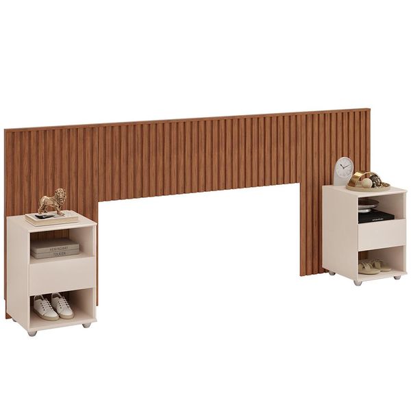 Cabeceira Casal e Queen Ripada Com 2 Mesas Laterais Lice D05 Freijó Off White - Lyam Decor
