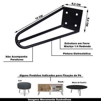 Kit 20 Pés de Metal 15 CM Hairpin Legs Mesas de Centro Puffs Preto G41