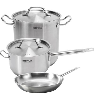 Jogo de Panelas Profissionais Inox Fundo Triplo Brinox 3 Peças 24cm Frigideira Caldeirão Caçarola