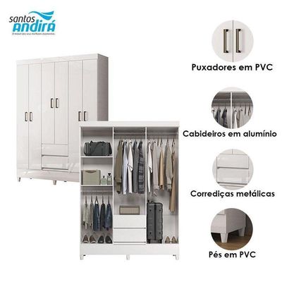 Guarda Roupa Casal 6 Portas Com Pés Fit Branco Brilho - Santos Andirá