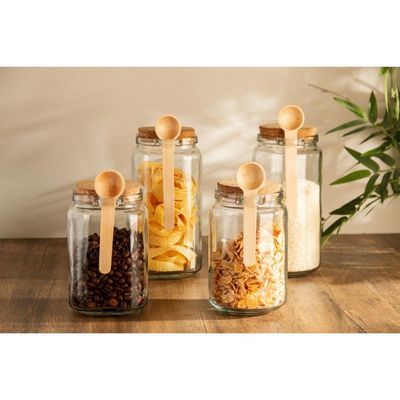 Kit 3 Porta Temperos Redondo 1 L Vidro Com Colher De Bambu E Tampa Rolha Lyor